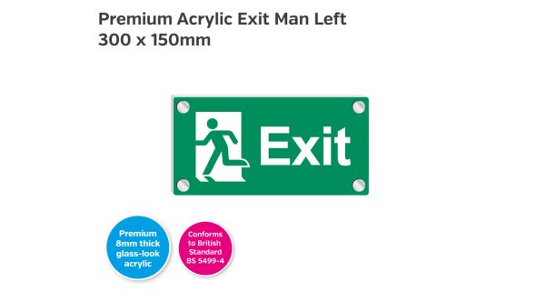 Premium Clear Acrylic Fire Exit Man Left Sign - 300 x 150mm