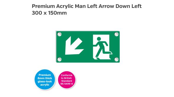 Premium Clear Acrylic Man Left Arrow Down Left Sign - 300 x 150mm