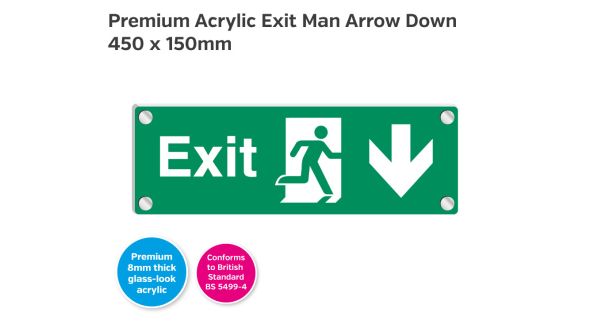 Premium Clear Acrylic Fire Exit Arrow Down Sign - 450 x 150mm