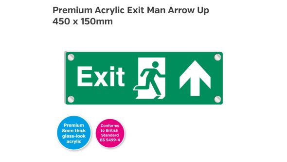 Premium Clear Acrylic Fire Exit Arrow Up Sign - 450 x 150mm