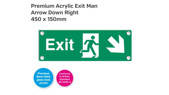 Premium Clear Acrylic Fire Exit Arrow Down Right Sign - 450 x 150mm
