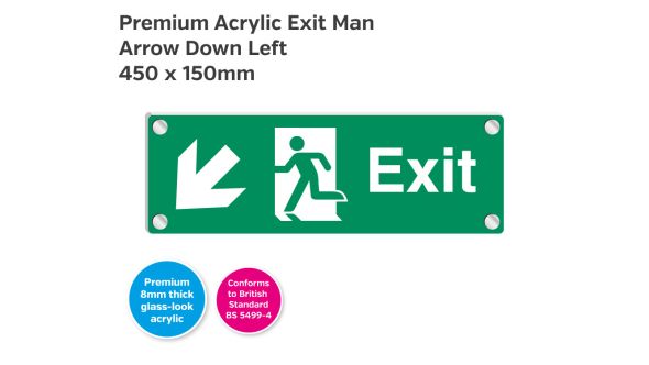 Premium Clear Acrylic Fire Exit Man Arrow Down Left Sign - 450 x 150mm