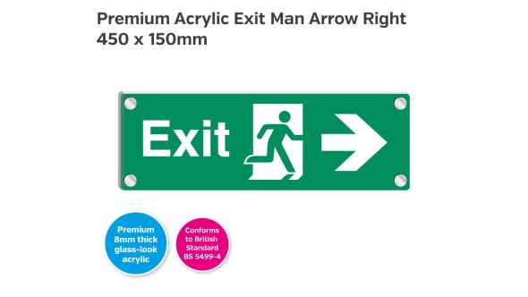 Premium Clear Acrylic Fire Exit Man Arrow Right Sign - 450 x 150mm