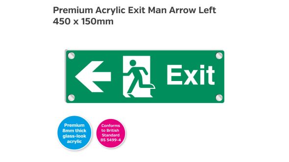Premium Clear Acrylic Fire Exit Man Arrow Left Sign - 450 x 150mm