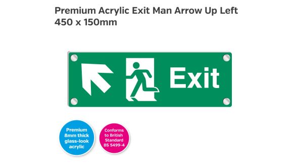 Premium Clear Acrylic Fire Exit Man Arrow Up Left Sign - 450 x 150mm