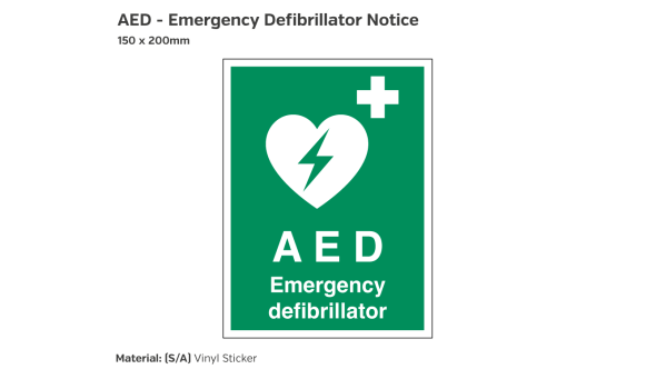 AED Emergency Defibrillator Notice - 150 x 200mm Vinyl Sticker