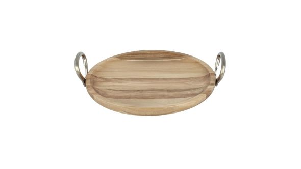 Olympia Round Dish Acacia Wood Metal Handles 345x305x80mm CB411138AC