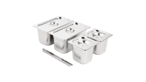 Vogue Stainless Steel Gastronorm Tray Set 2x 1/3 2 x 1/6 with Lids