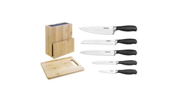 Vogue Prep Like A Pro 5-Piece Soft Grip Knife Set With Knife Block and Chopping Board