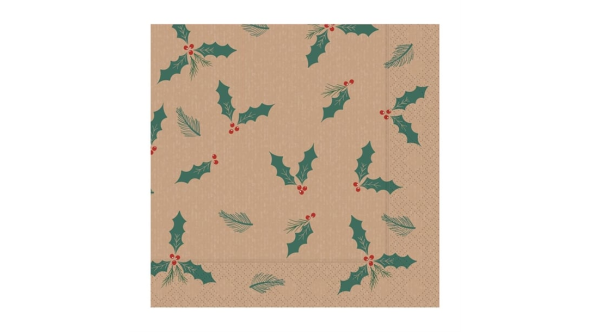 Swantex Christmas Lunch Napkin Kraft Jolly Holly 330x330mm (2000 Pack)