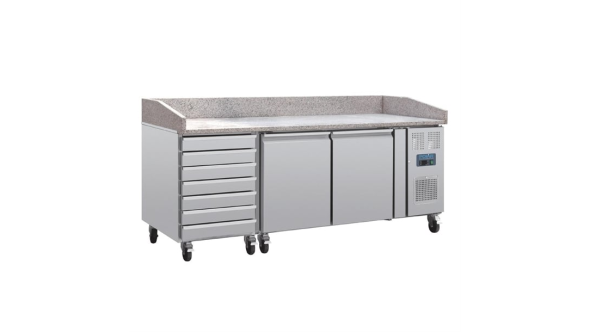Polar U-Series Double Door Pizza Counter with Granite Top and Dough Drawers 290Ltr
