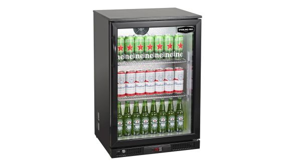 Sterling Pro Green SP1LO-OUT-BK Hinged Single Door Low Height Black Outdoor Bottle Cooler, 106 x 330ml Bottles