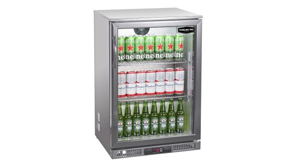 Sterling Pro Green SP1LO-OUT-STS Hinged Single Door Low Height Stainless Steel Outdoor Bottle Cooler, 106 x 330ml Bottles