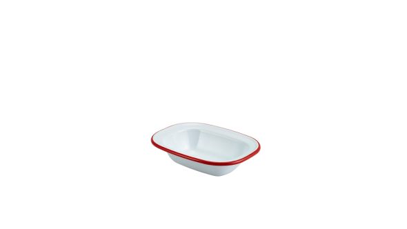 Enamel Rect. Pie Dish White with Red Rim 16cm
