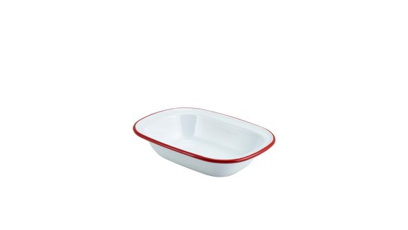 Enamel Rect. Pie Dish White with Red Rim 20cm
